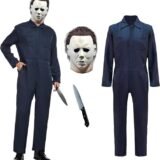 Navy Blue Jumpsuit Costume Adult with Horror Mask & Prop Knife